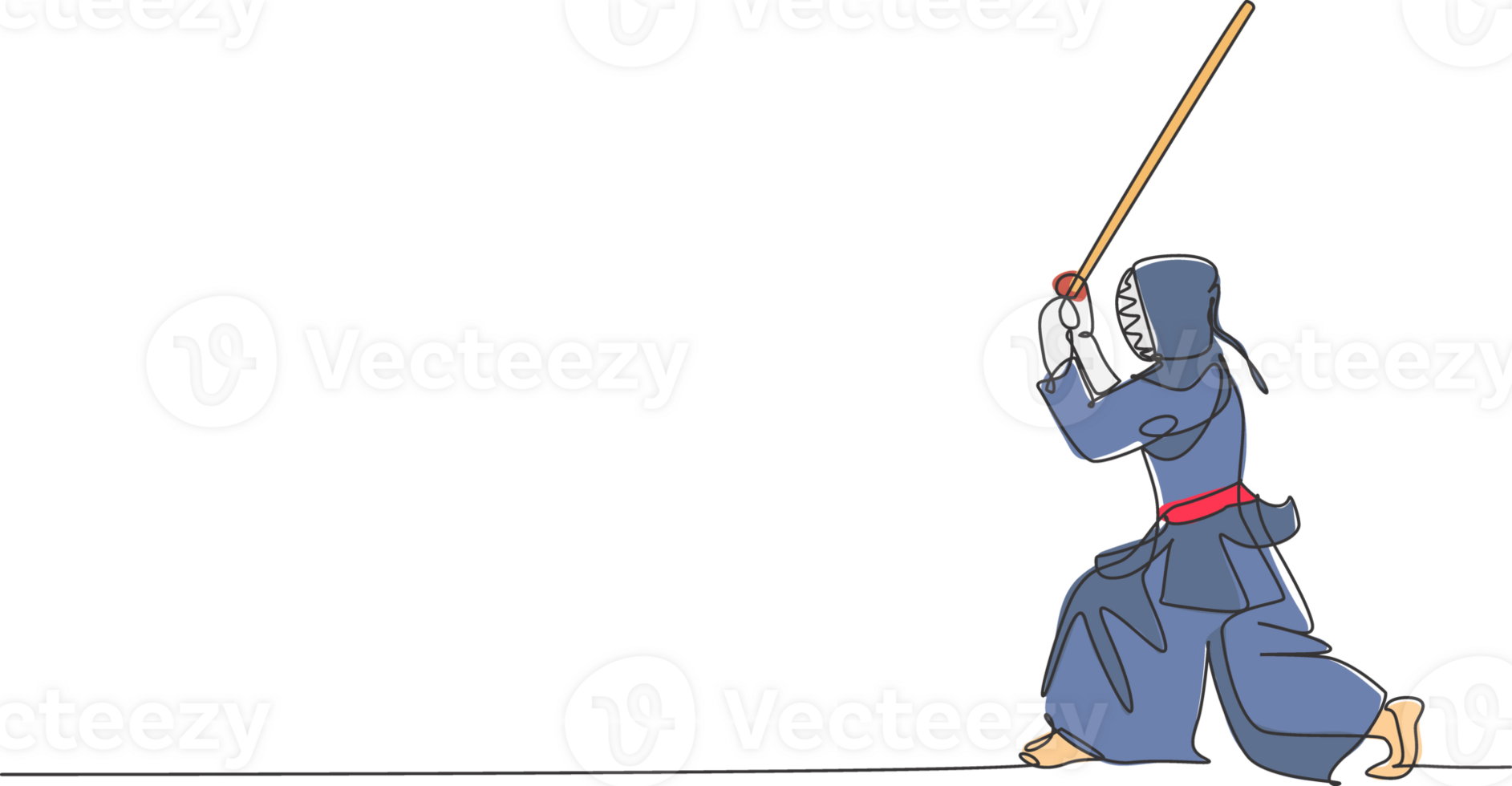 One single line drawing of young energetic man exercise kendo stance pose with wooden sword at gym center graphic illustration. Combative fight sport concept. Modern continuous line draw design png