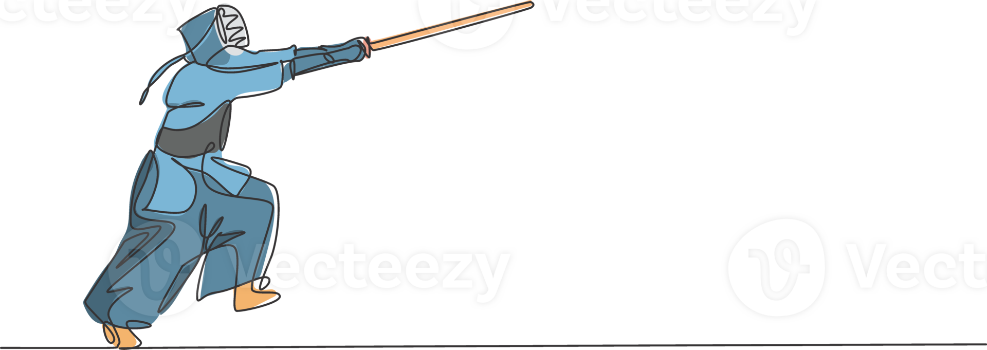 Single continuous line drawing of young sportive man practicing kendo attack hit martial art skill on gym sport center. Fighting sport concept. Trendy one line draw graphic design illustration png