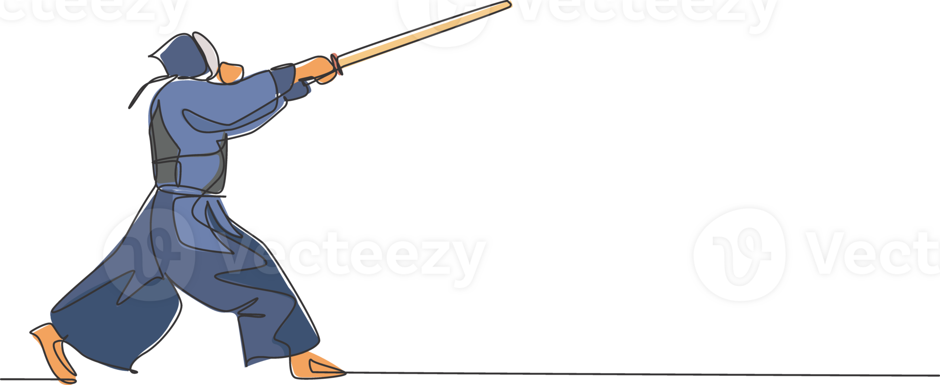 One single line drawing of young energetic man exercise attack kendo move with wooden sword at gym center graphic illustration. Combative fight sport concept. Modern continuous line draw design png