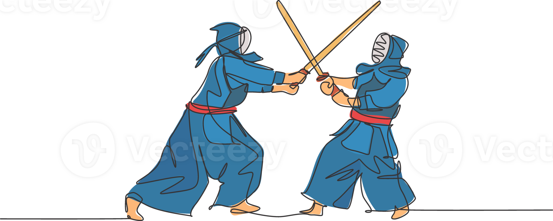 Single continuous line drawing of two young sportive man practicing defense and attack for kendo martial art skill on gym sport center. Fighting sport concept. One line draw design illustration png