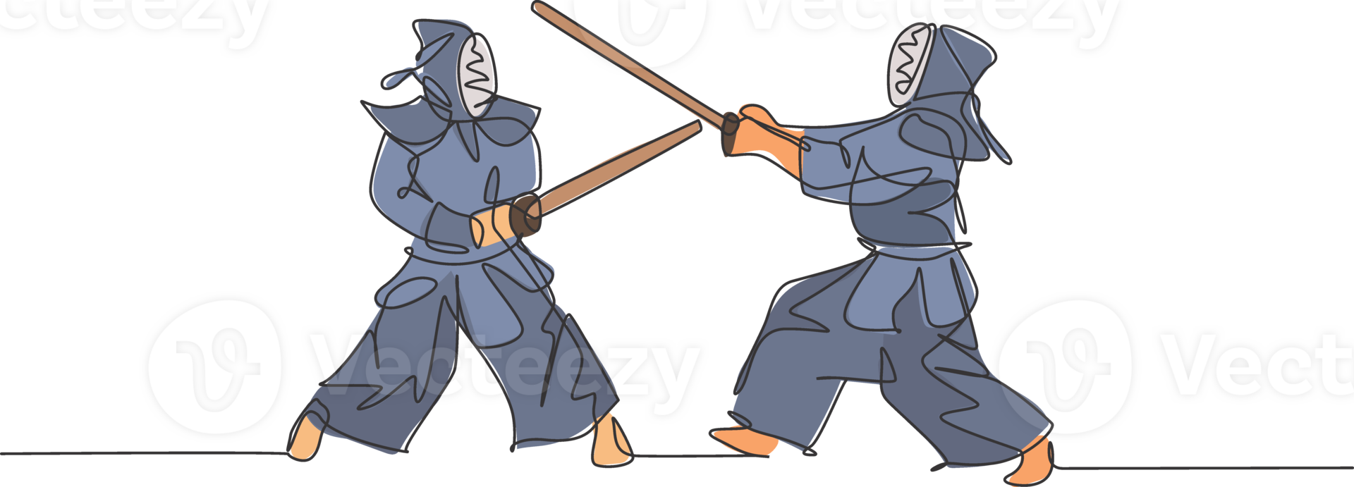 Célibataire continu ligne dessin de deux Jeune sportif Hommes pratiquant kendo martial art compétence sur Gym centre. sparring combat. combat sport concept. branché un ligne dessiner conception illustration png