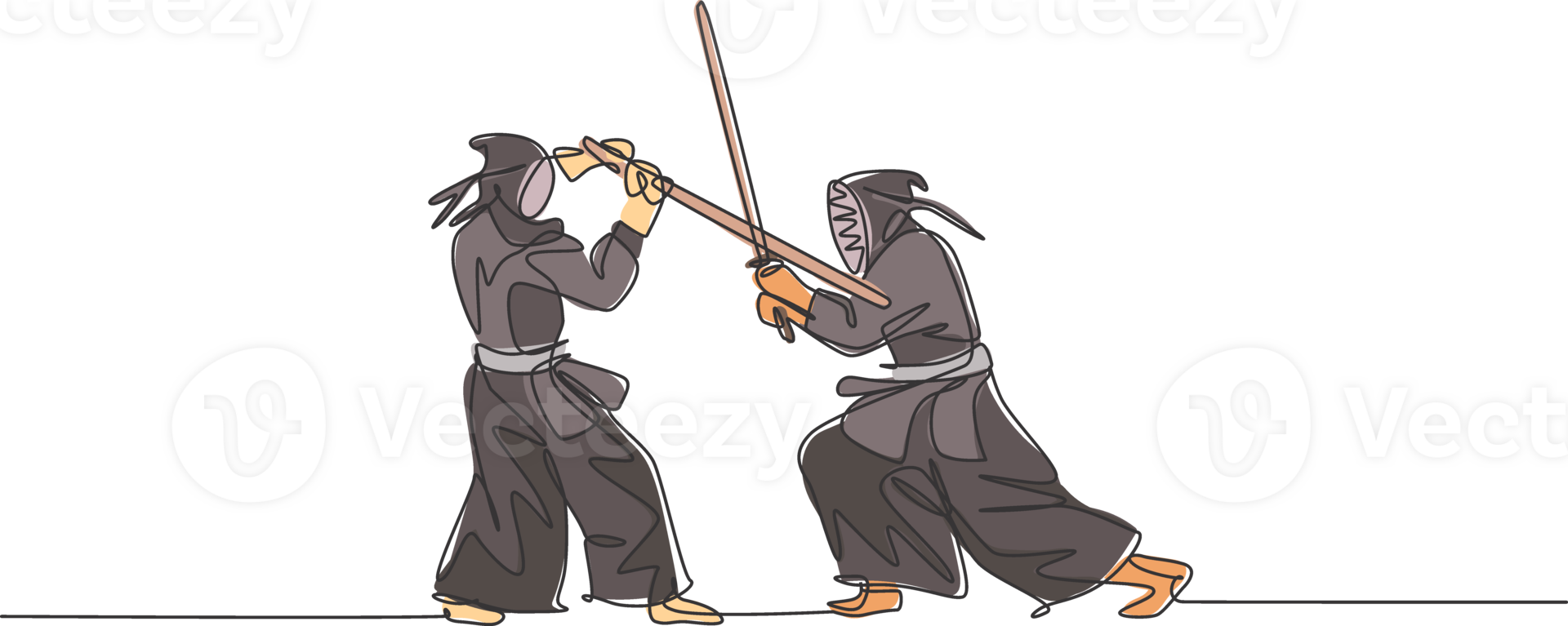 One continuous line drawing of two young sporty men fighting skill on kendo national competition in dojo center. Healthy martial art sport concept. Dynamic single line draw design illustration png