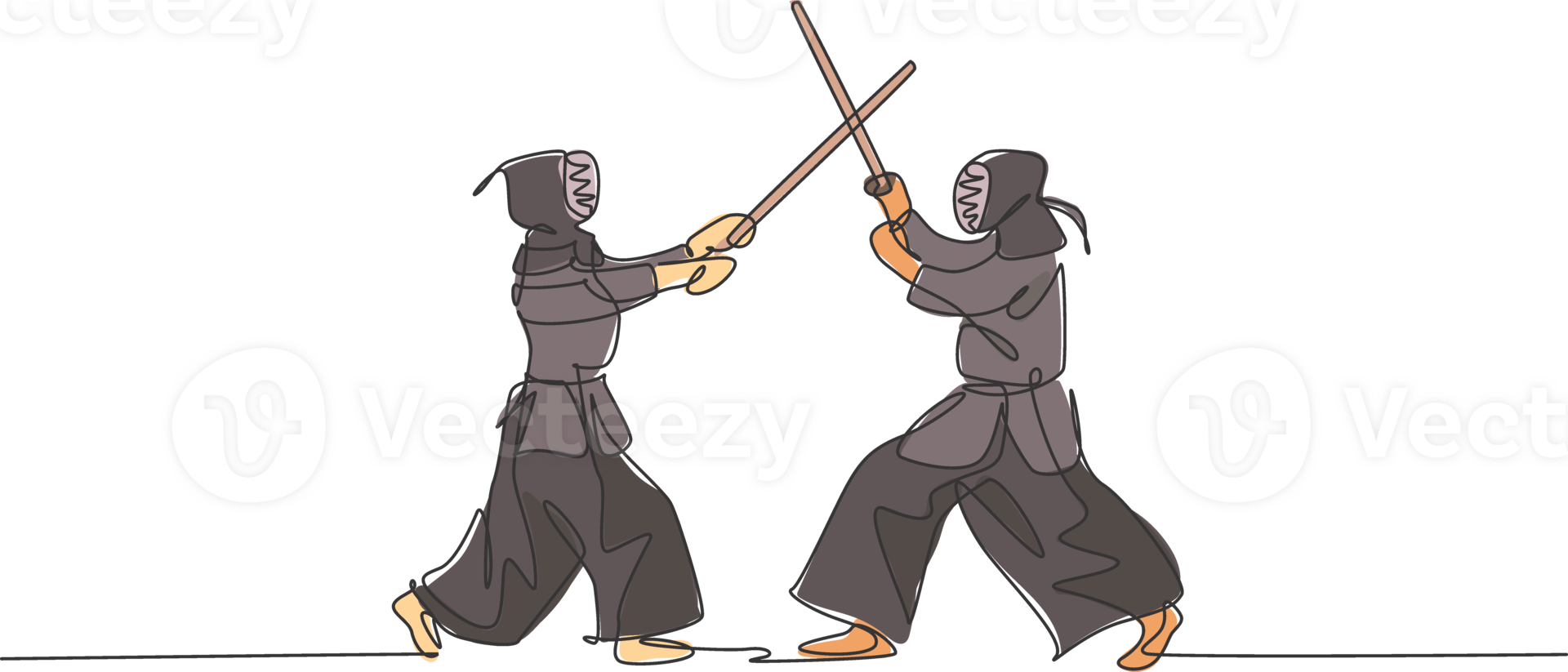 One continuous line drawing of two young sporty man training kendo spare fighting skill in dojo center. Healthy martial art sport concept. Dynamic single line draw design graphic illustration png