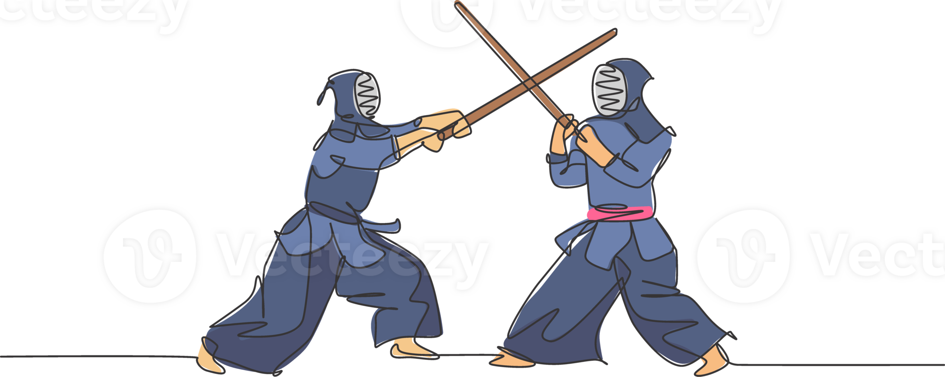 Single continuous line drawing of young sportive men practicing kendo martial art skill on gym sport center. Sparring partner. Fighting sport concept. Trendy one line draw design illustration png