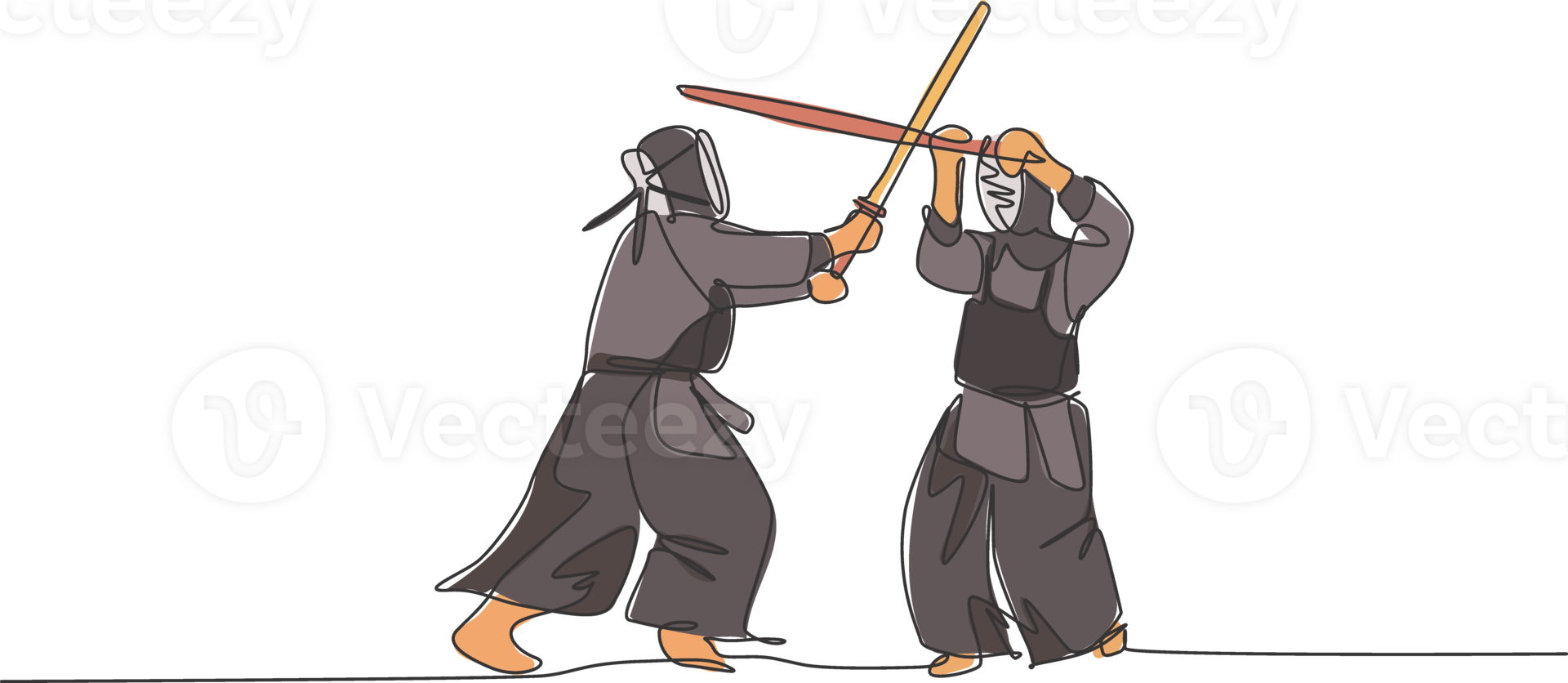 One single line drawing of two young energetic man exercise kendo