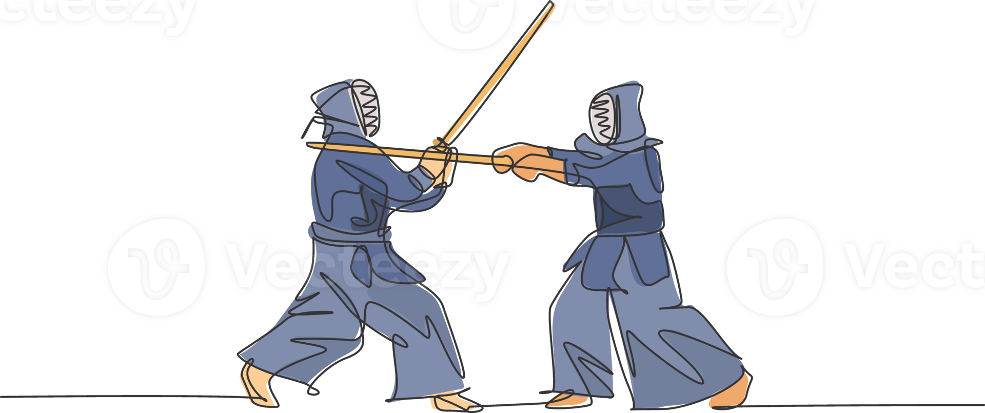 Single continuous line drawing of two young sportive men practicing kendo martial art skill on gym sport center. Sparring fight. Fighting sport concept. Trendy one line draw design illustration png