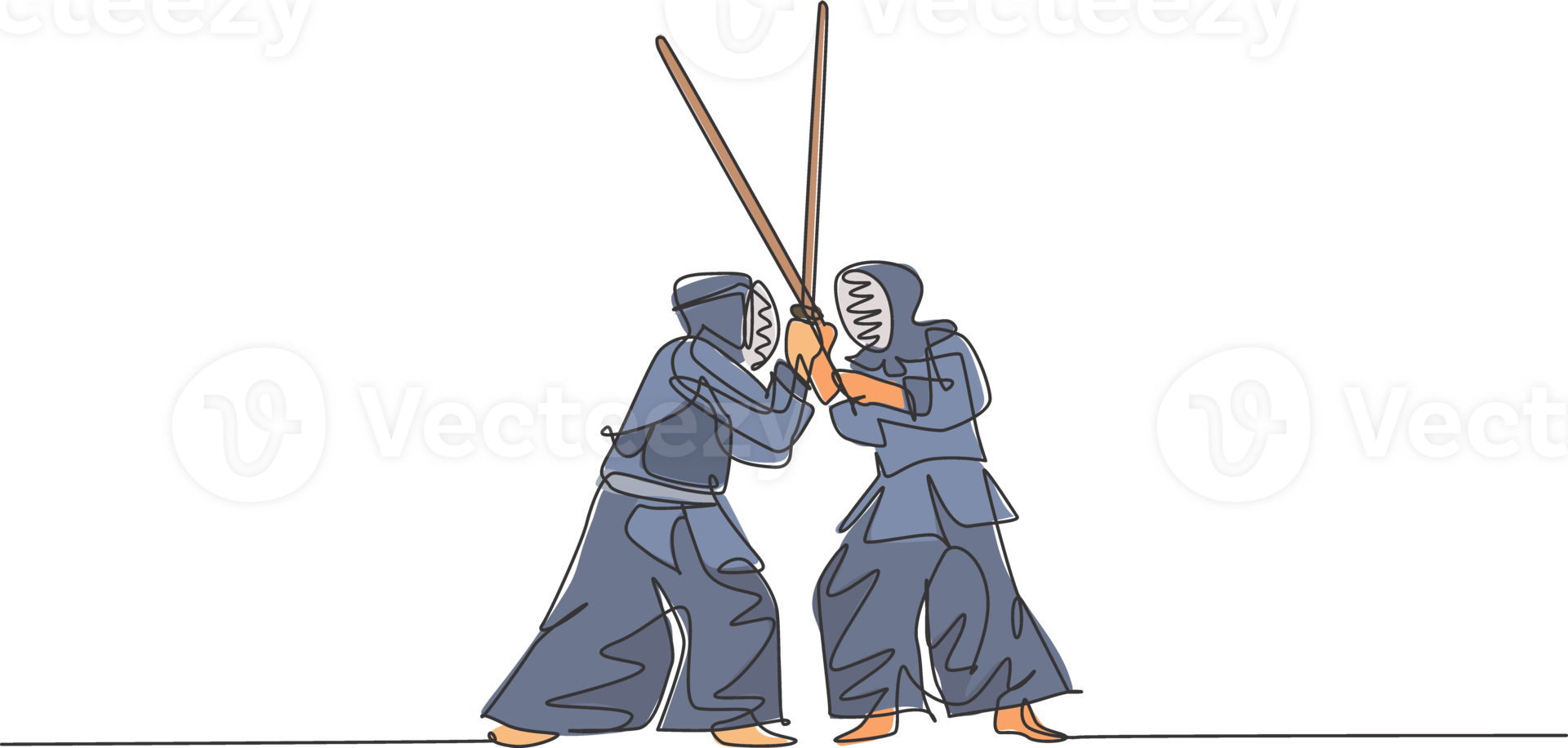 One single line drawing of two young energetic man exercise sparring fight kendo with wooden sword at gym center illustration. Combative fight sport concept. Modern continuous line draw design png