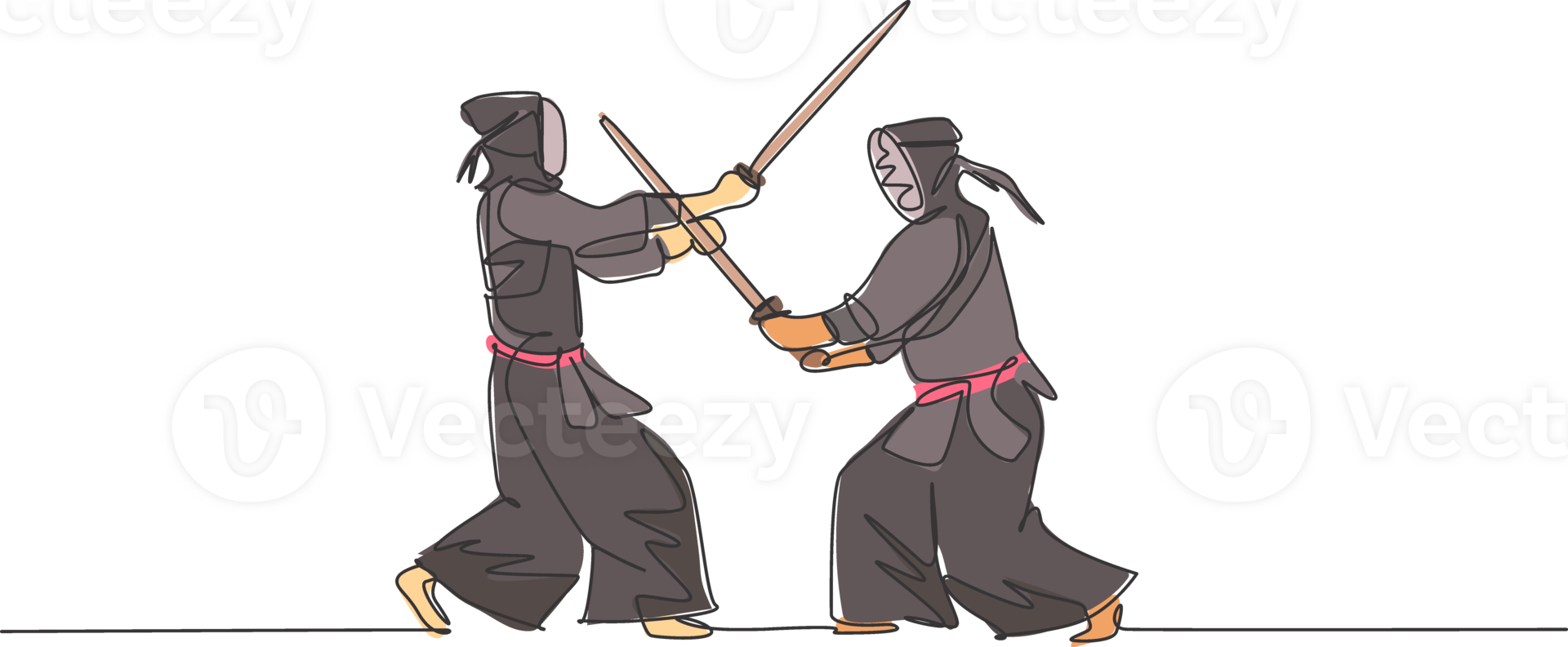 uno continuo linea disegno di Due giovane sportivo uomini scorta combattente kendo per Ottimizzare abilità nel dojo centro. salutare marziale arte sport concetto. dinamico singolo linea disegnare grafico design illustrazione png