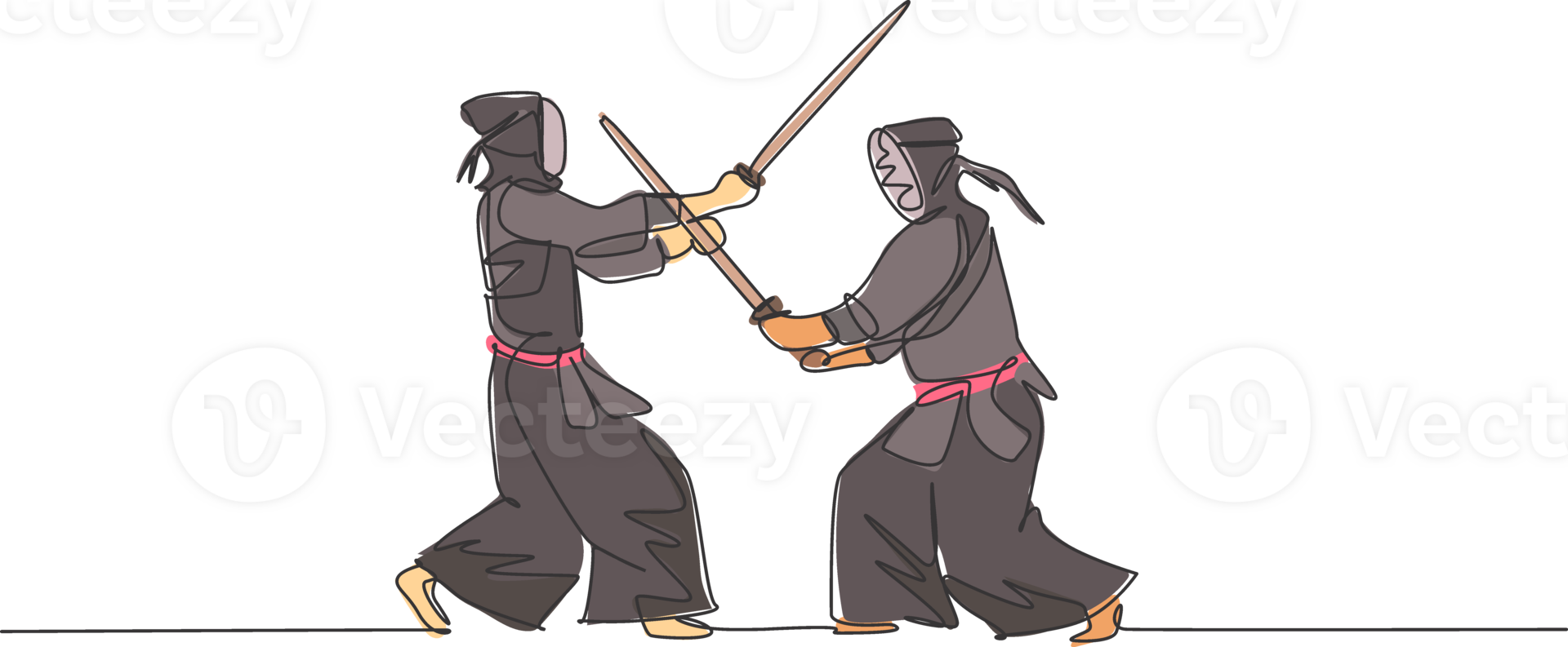 One continuous line drawing of two young sporty men spare fighting kendo to improve skill in dojo center. Healthy martial art sport concept. Dynamic single line draw graphic design illustration png