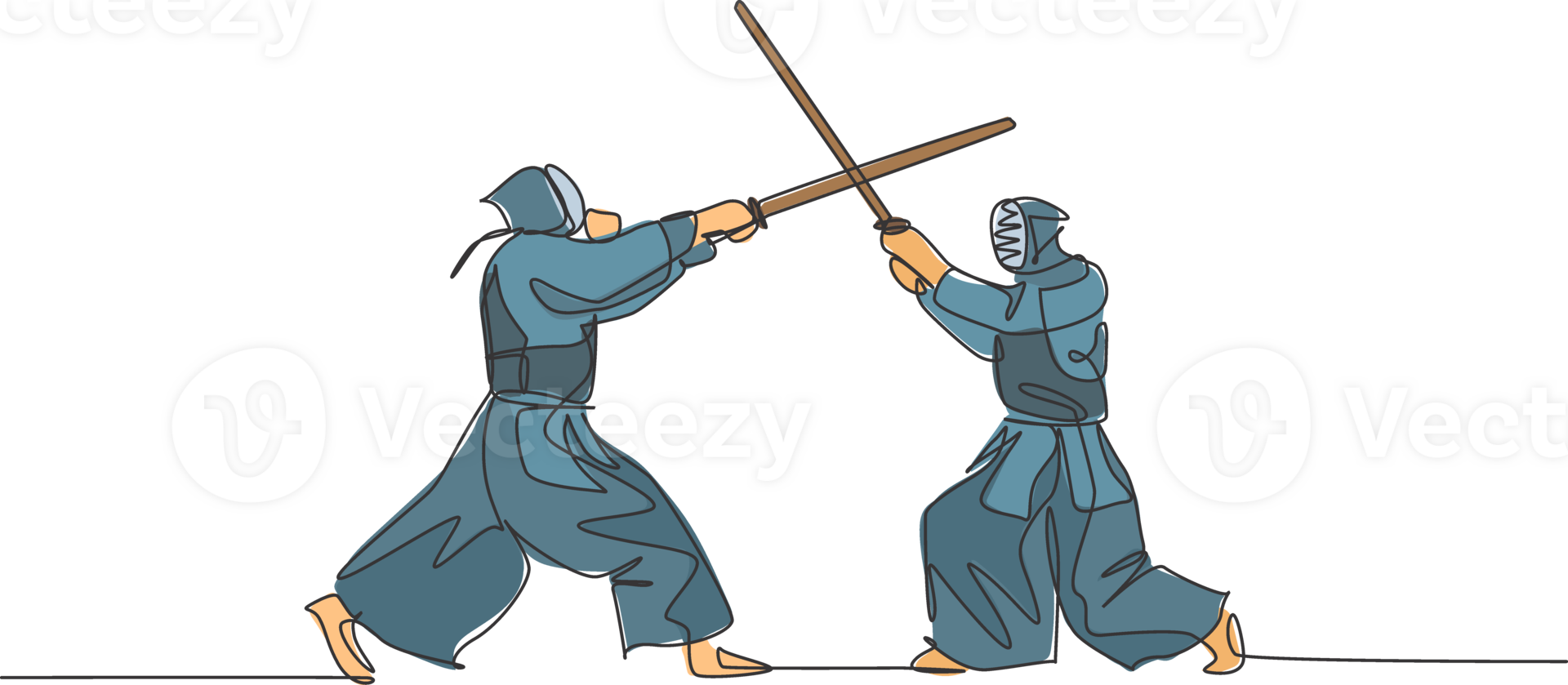One continuous line drawing two young men fighting to get kendo championship title skill in dojo center. Healthy martial art sport concept. Dynamic single line draw graphic design illustration png