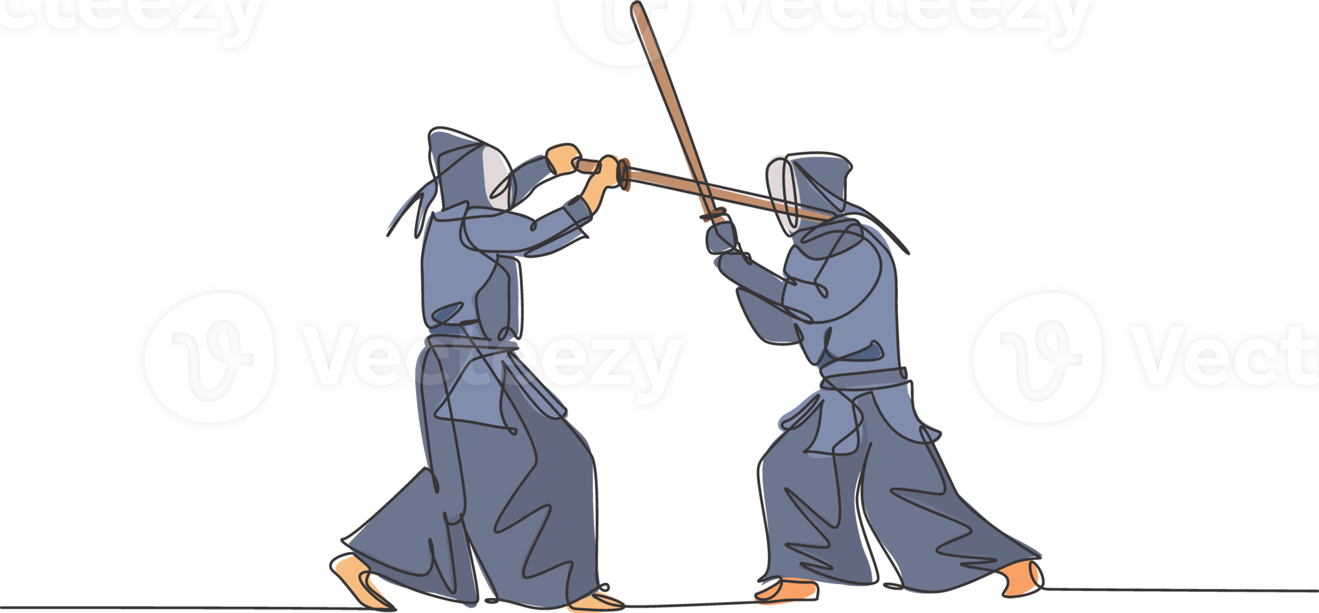 One continuous line drawing of two young sporty men training kendo fighting skill with sparring in dojo center. Healthy martial art sport concept. Dynamic single line draw design illustration png