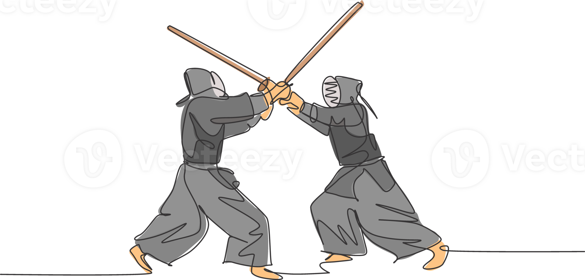 One continuous line drawing of two young sporty men training kendo attack and defense skill in dojo center. Healthy martial art sport concept. Dynamic single line draw design illustration png