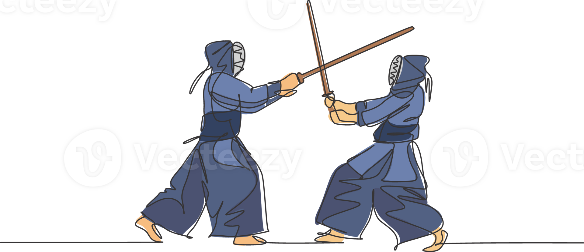 einer Single Linie Zeichnung von zwei jung energisch Männer Übung Sparring Kampf Kendo mit hölzern Schwert beim Fitnessstudio Center Illustration. kämpferisch Kampf Sport Konzept. modern kontinuierlich Linie zeichnen Design png