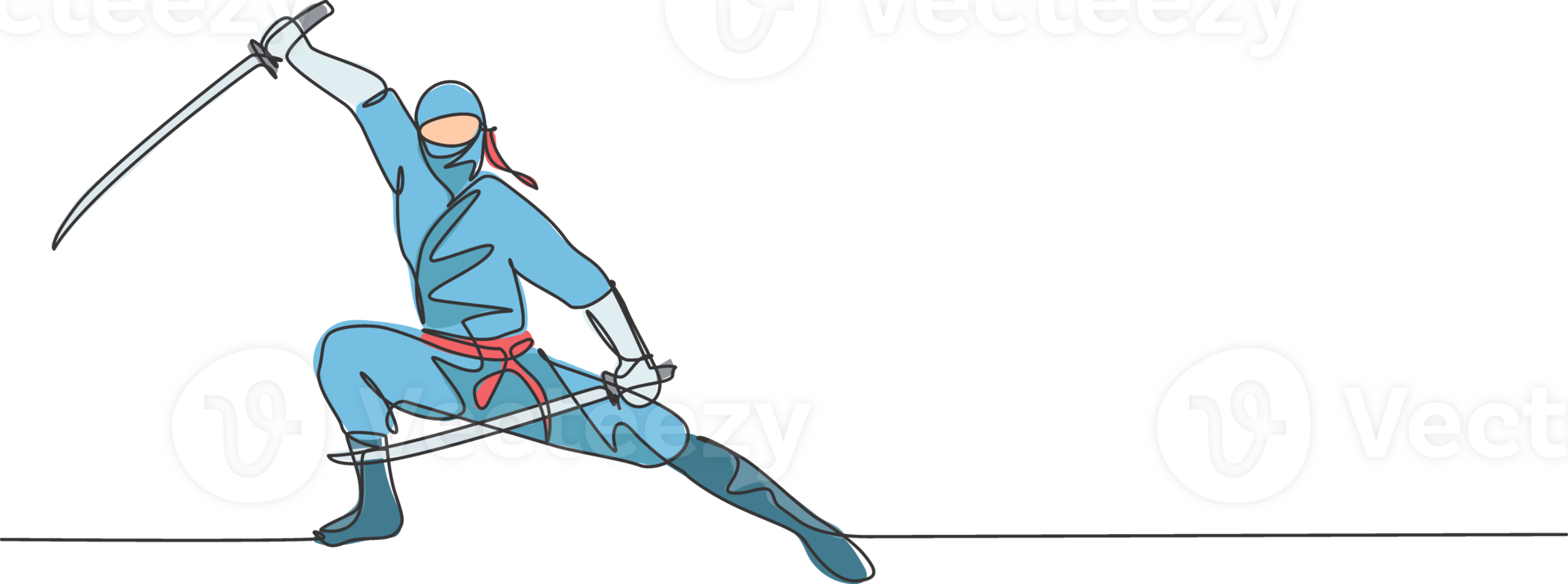 One continuous line drawing of young brave Japanese ninja character on black costume with attacking position. Martial art fighting concept. Dynamic single line draw design graphic illustration png