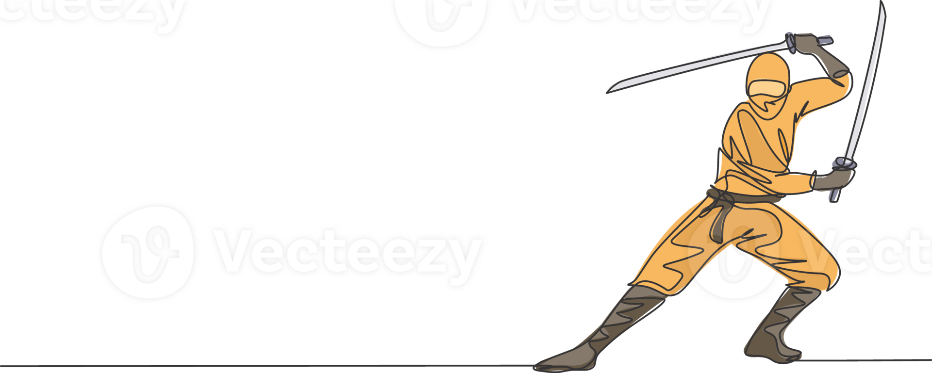 One continuous line drawing of young brave Japanese ninja character on black costume with attacking position. Martial art fighting concept. Dynamic single line draw design graphic illustration png