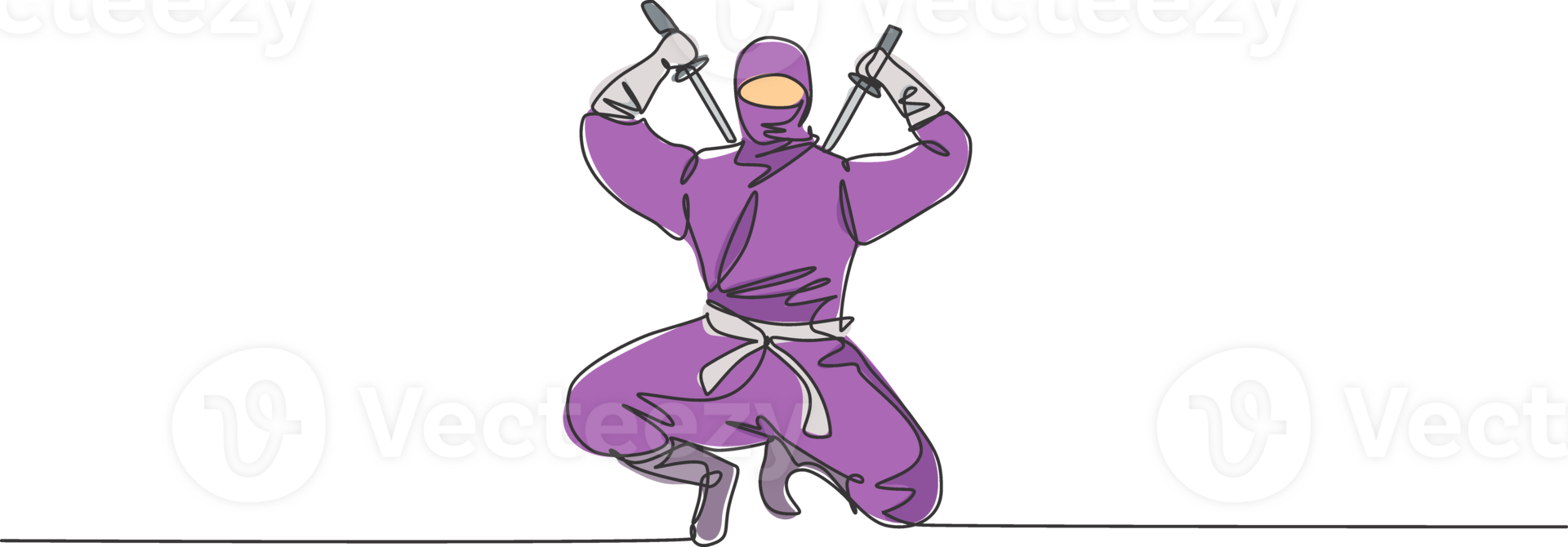 Single continuous line drawing of young Japanese culture ninja warrior on mask costume with attacking stance pose. Martial art fighting samurai concept. Trendy one line draw design illustration png