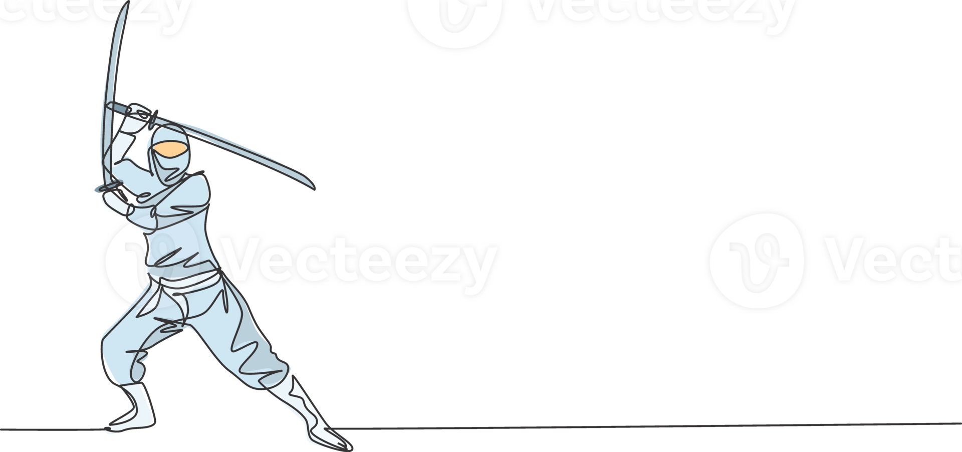 One continuous line drawing of young brave Japanese ninja character on black costume with attacking position. Martial art fighting concept. Dynamic single line draw graphic design illustration png