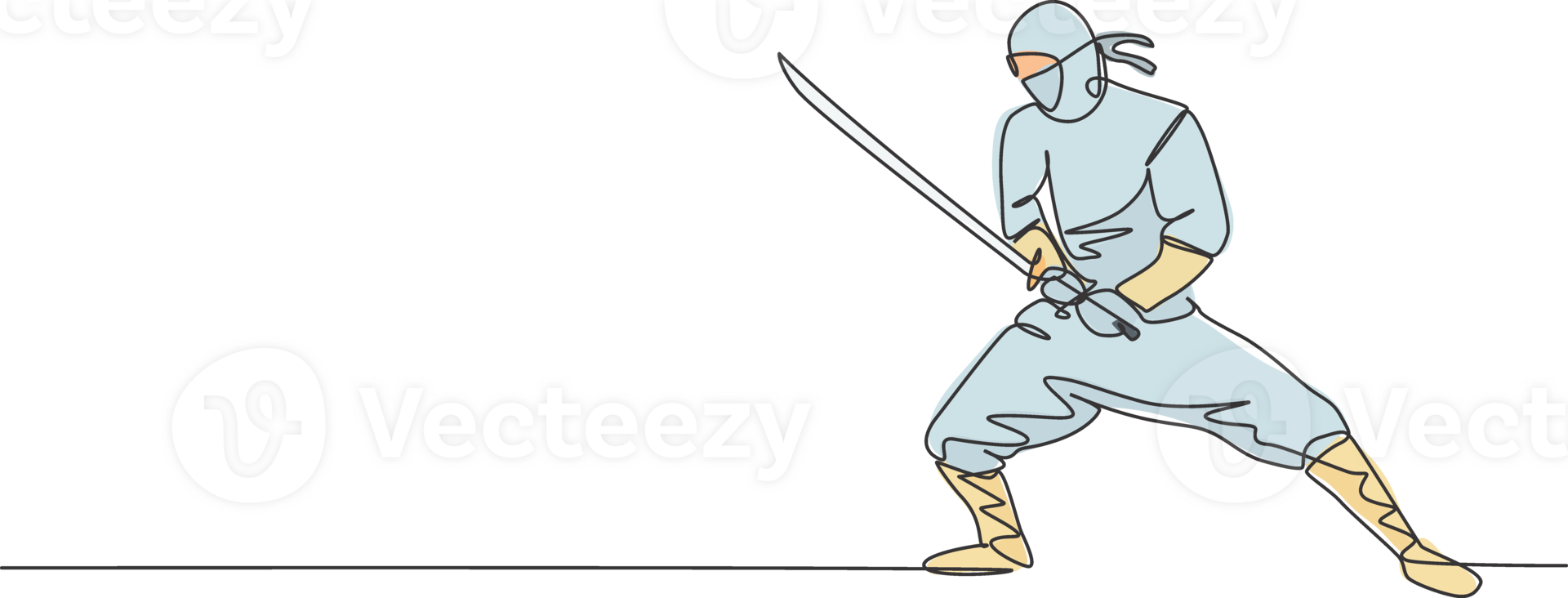 One single line drawing of young energetic Japanese traditional ninja holding samurai sword on attack pose illustration. Combative martial art sport concept. Modern continuous line draw design png