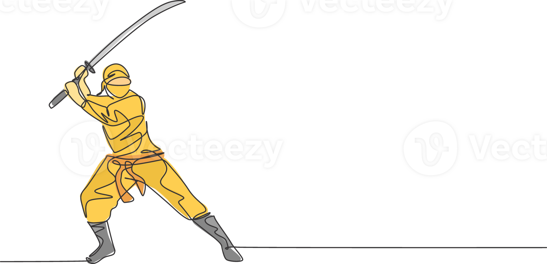 One single line drawing of young energetic Japanese traditional ninja holding samurai sword on attack pose illustration. Combative martial art sport concept. Modern continuous line draw design png