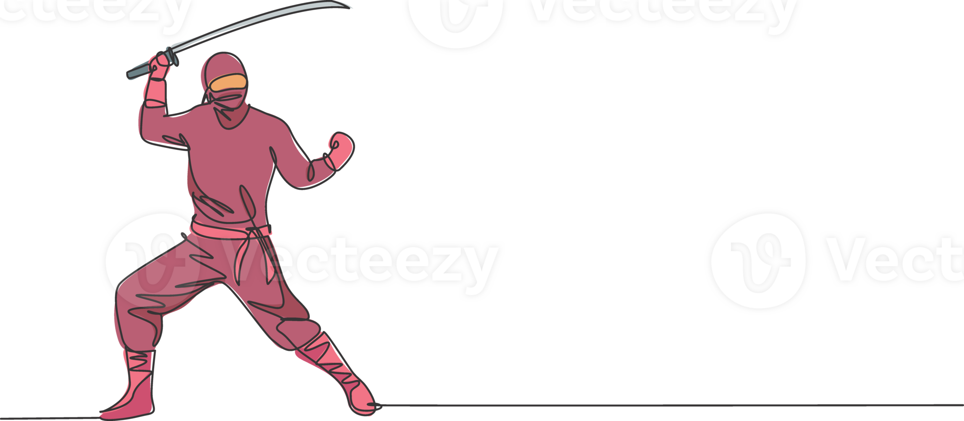 One continuous line drawing of young brave Japanese ninja character on black costume with attacking position. Martial art fighting concept. Dynamic single line draw graphic design illustration png