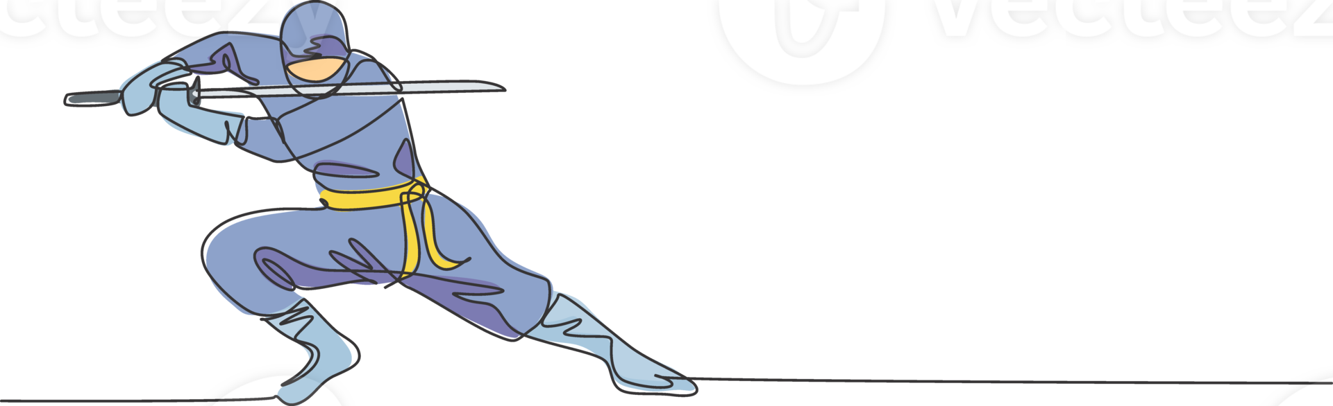 Single continuous line drawing of young Japanese culture ninja warrior on mask costume with attacking stance pose. Martial art fighting samurai concept. Trendy one line draw design illustration png