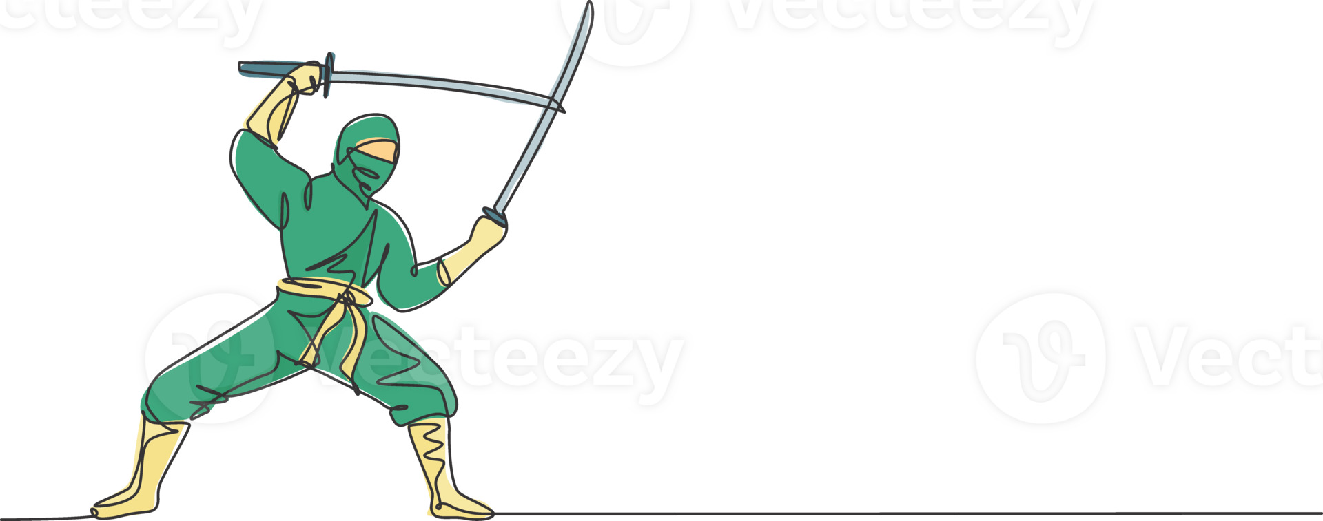 One single line drawing of young energetic Japanese traditional ninja holding samurai swords on attack pose illustration. Combative martial art sport concept. Modern continuous line draw design png
