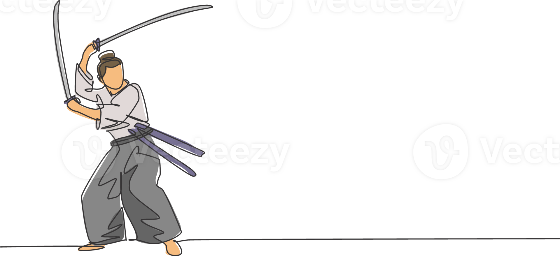 One continuous line drawing of young bravery samurai warrior pose ready to attack at training session. Martial art combative sport concept. Dynamic single line draw design graphic illustration png