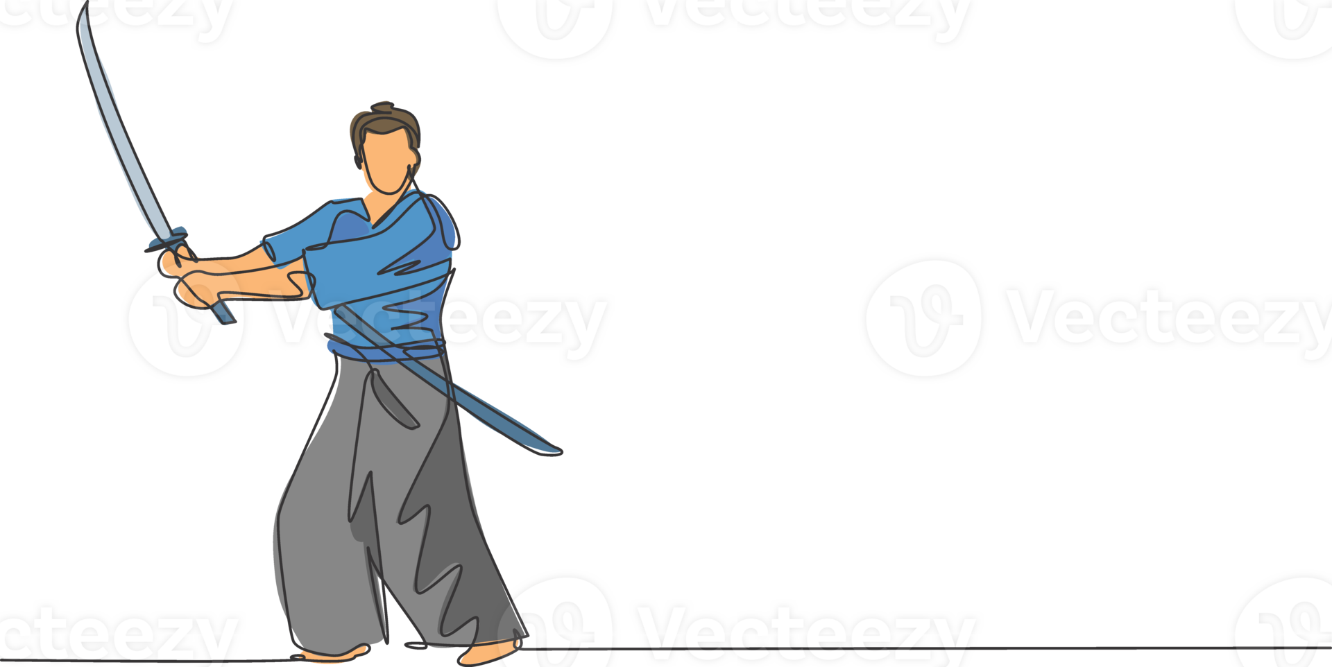One single line drawing of young Japanese samurai warrior holding katana sword practicing at dojo center graphic illustration. Combative martial art concept. Modern continuous line draw design png