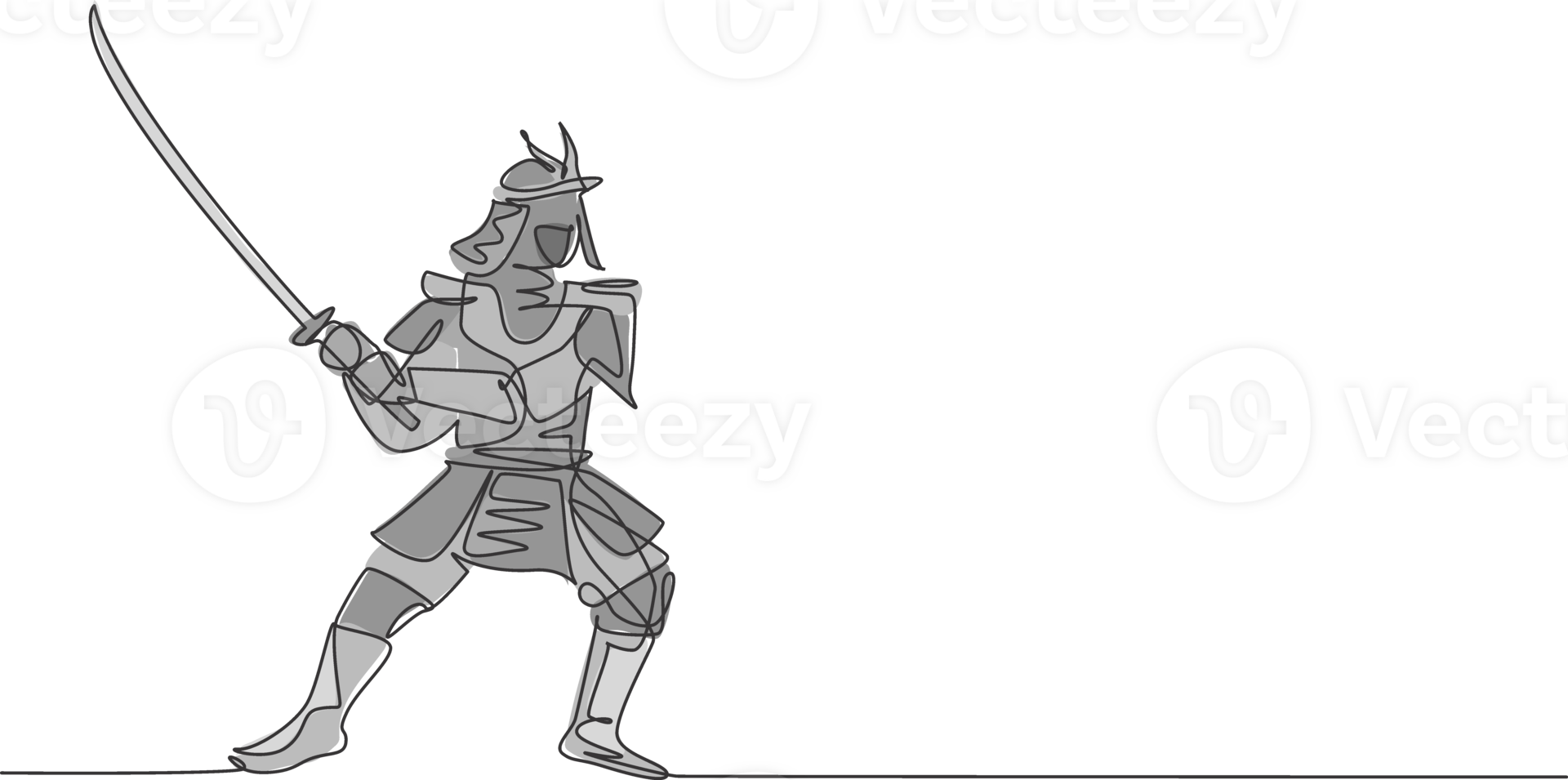 Single continuous line drawing of young strong samurai shogun wearing traditional uniform holding sword at festival. Ancient fighter soldier concept. Trendy one line draw design illustration png