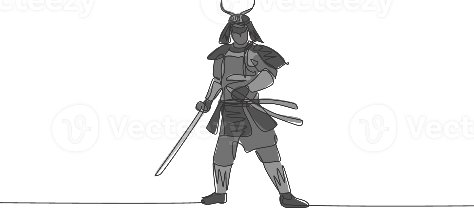 Single continuous line drawing of young strong samurai shogun wearing traditional uniform holding sword at festival. Ancient fighter soldier concept. Trendy one line draw design illustration png