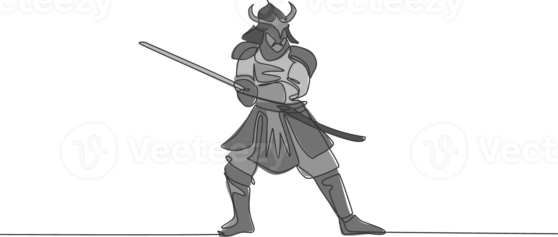 One continuous line drawing of young bravery samurai shogun wearing mask ready to attack at training session. Martial art combative sport concept. Dynamic single line draw design illustration png