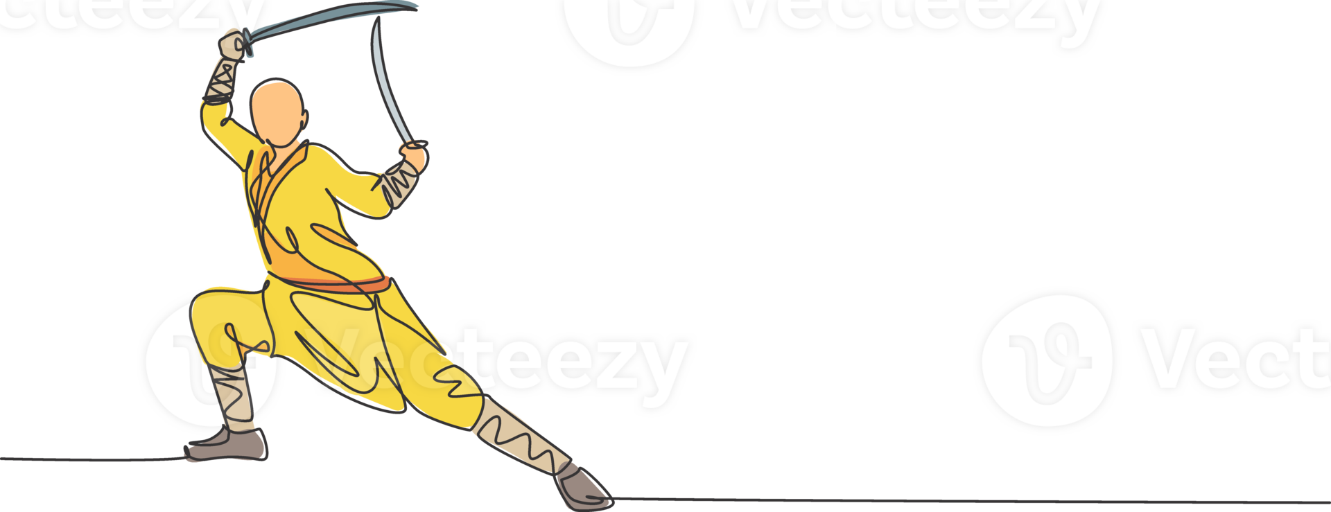 One continuous line drawing of young shaolin monk man practice kung fu with swords at temple ground. Traditional Chinese combative sport concept. Dynamic single line draw design illustration png