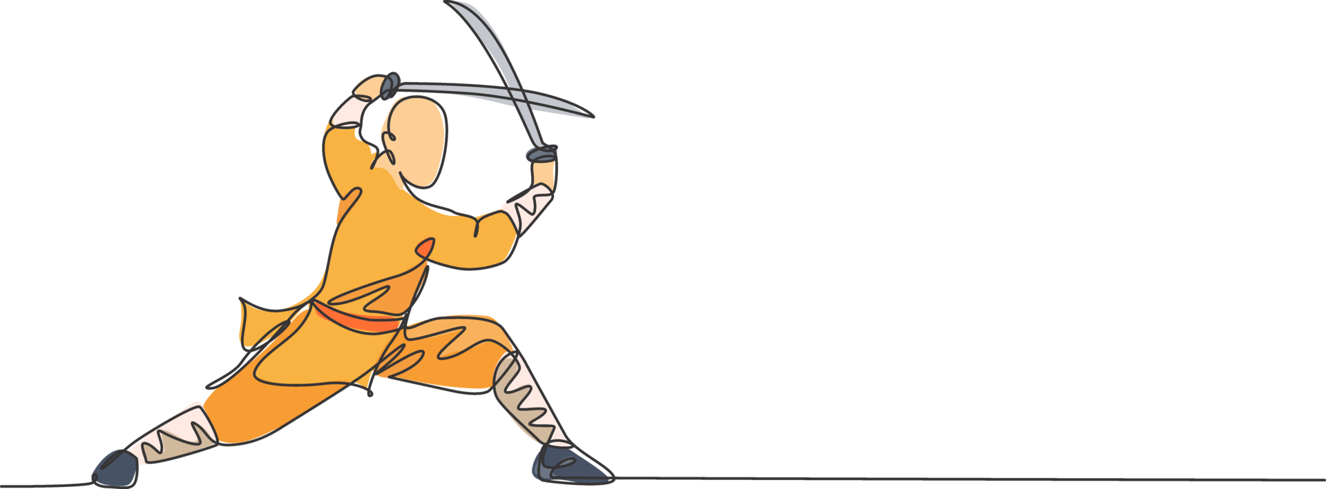 Single continuous line drawing of young muscular shaolin monk man holding sword train at shaolin