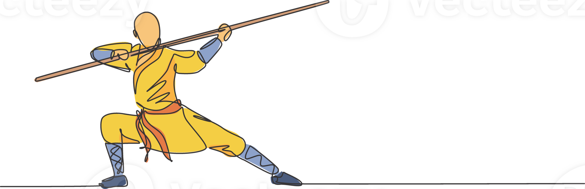 One single line drawing of young energetic shaolin monk man exercise kung fu fighting with stick at temple illustration. Ancient Chinese martial art sport concept. Continuous line draw design png
