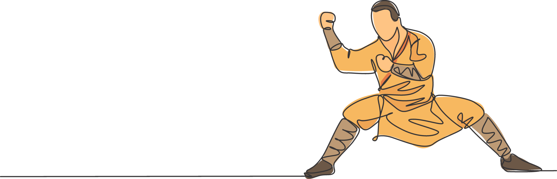 Single continuous line drawing young muscular shaolin monk man train martial art at shaolin