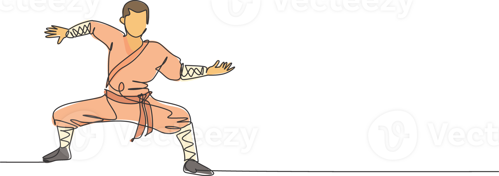 One continuous line drawing of young shaolin monk man practice kung fu style at temple ground . Traditional Chinese combative sport concept. Dynamic single line draw design graphic illustration png