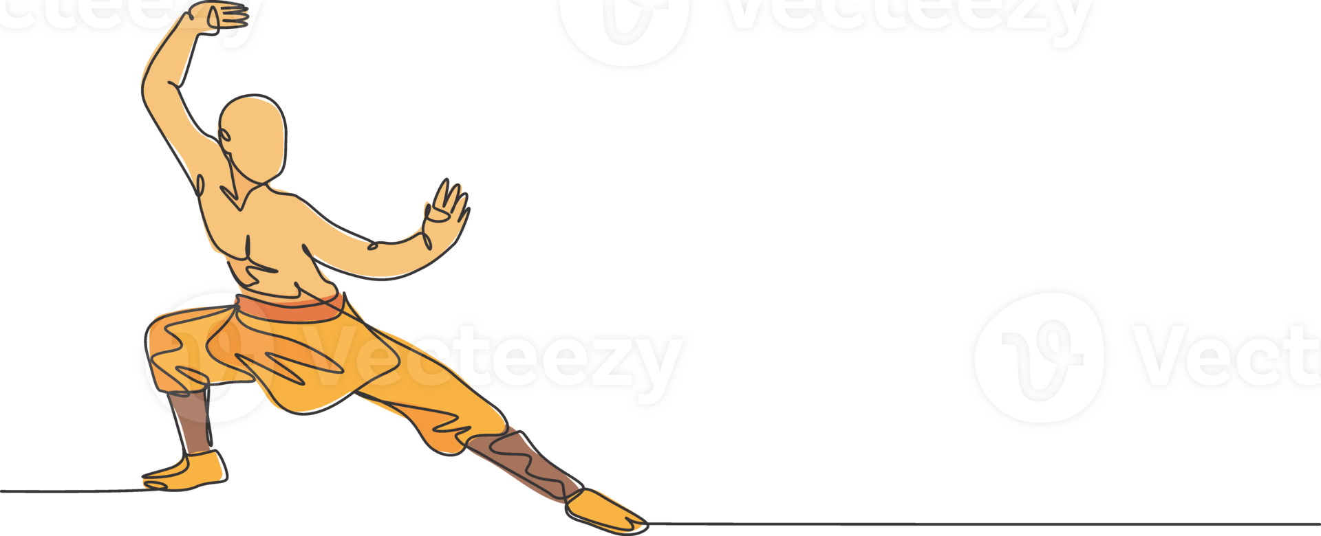 One continuous line drawing of young shaolin monk man practice kung fu style at temple ground . Traditional Chinese combative sport concept. Dynamic single line draw design graphic illustration png