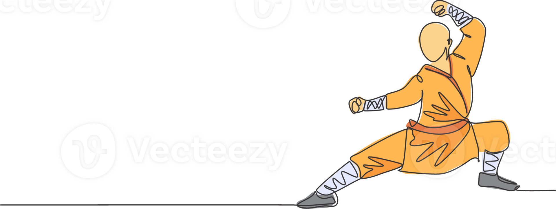Single continuous line drawing young muscular shaolin monk man train martial art at shaolin temple. Traditional Chinese kung fu fight concept. Trendy one line draw graphic design illustration png