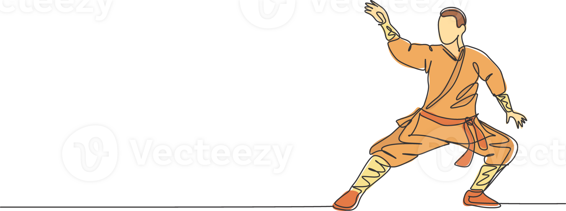 Single continuous line drawing young muscular shaolin monk man train martial art at shaolin