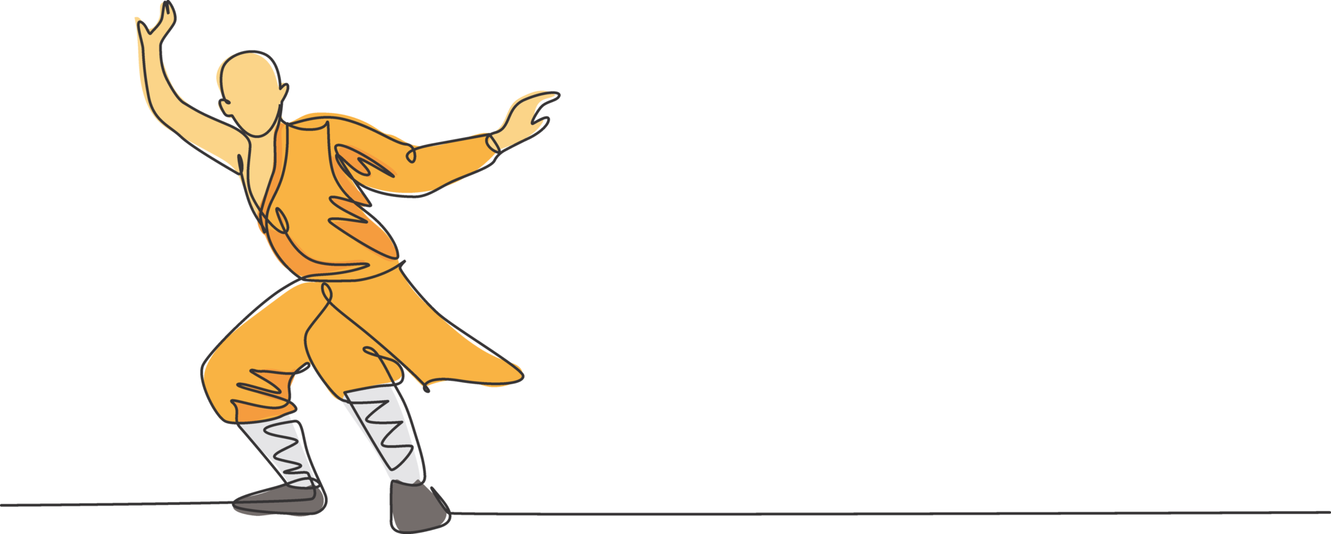 Single continuous line drawing young muscular shaolin monk man train martial art at shaolin