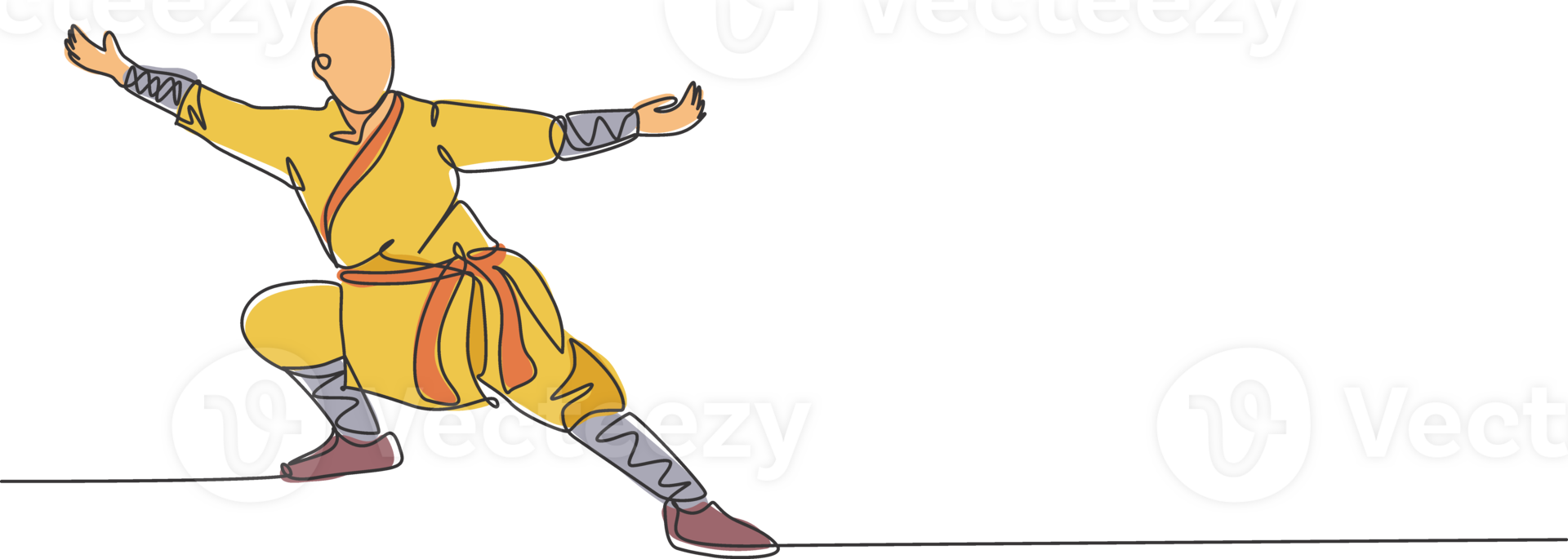 One continuous line drawing of young shaolin monk man practice kung fu style at temple ground . Traditional Chinese combative sport concept. Dynamic single line draw design graphic illustration png