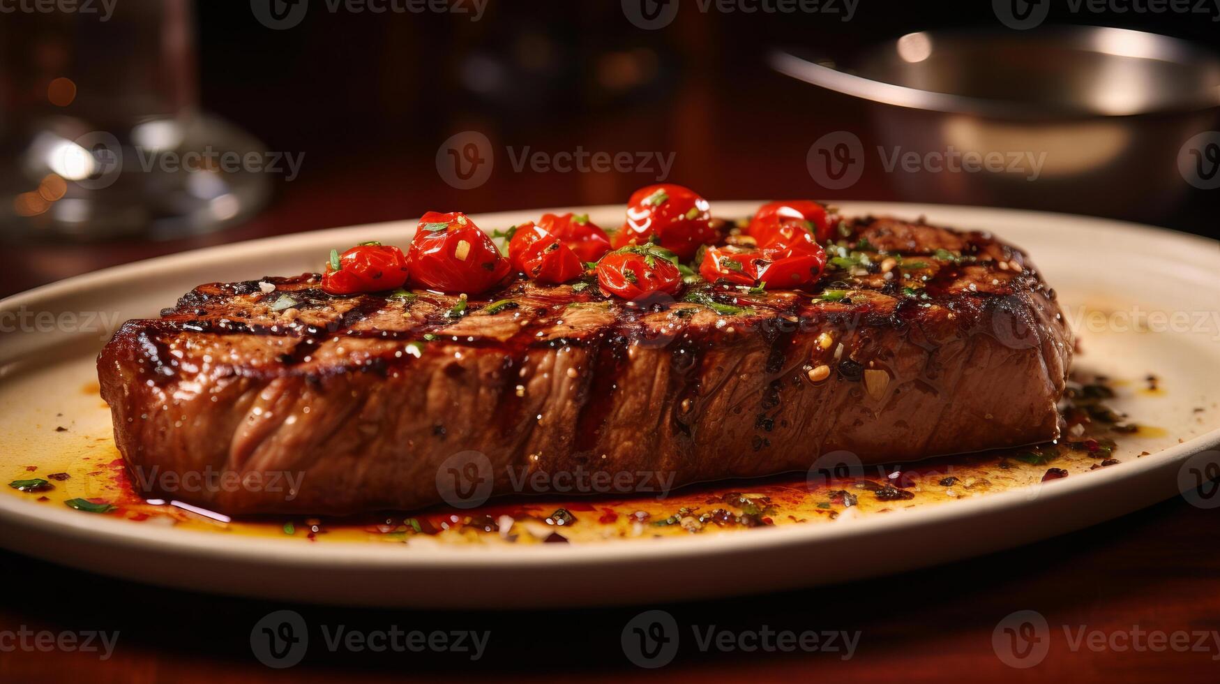 The New York Strip steak has delicious food. AI Generated. photo