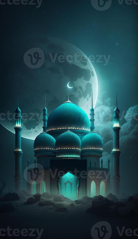 Mosque in the clouds with crescent moon. photo