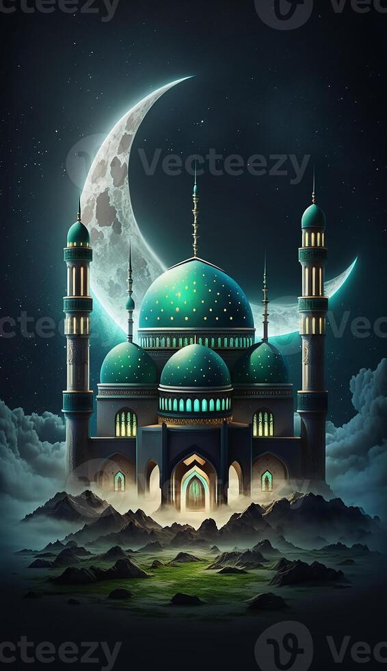 Mosque in the clouds with crescent moon. photo