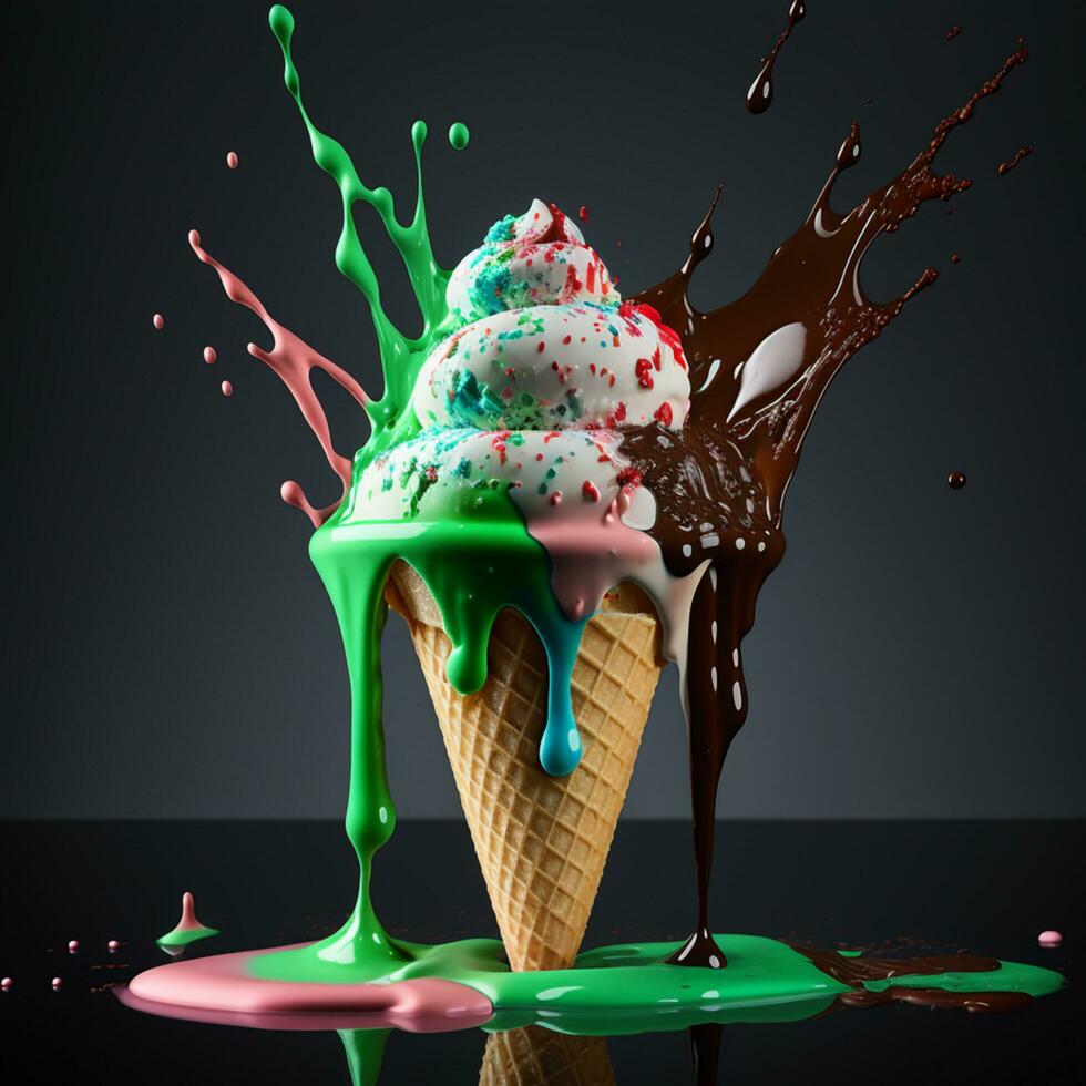 colorful flavor ice cream in cone on splash pastel background. Summer creative concept. AI Generative photo