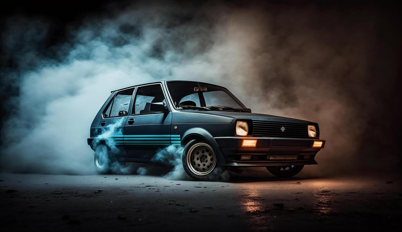 Classic modified car with dark smokie background, AI Generative photo