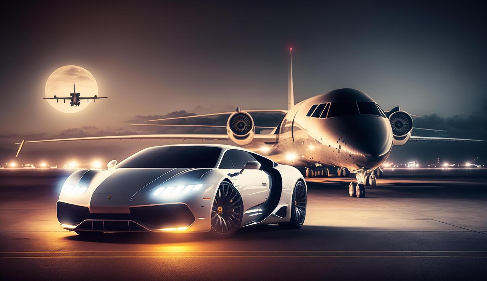 Free photo of Business class private jet and luxury car on airport.