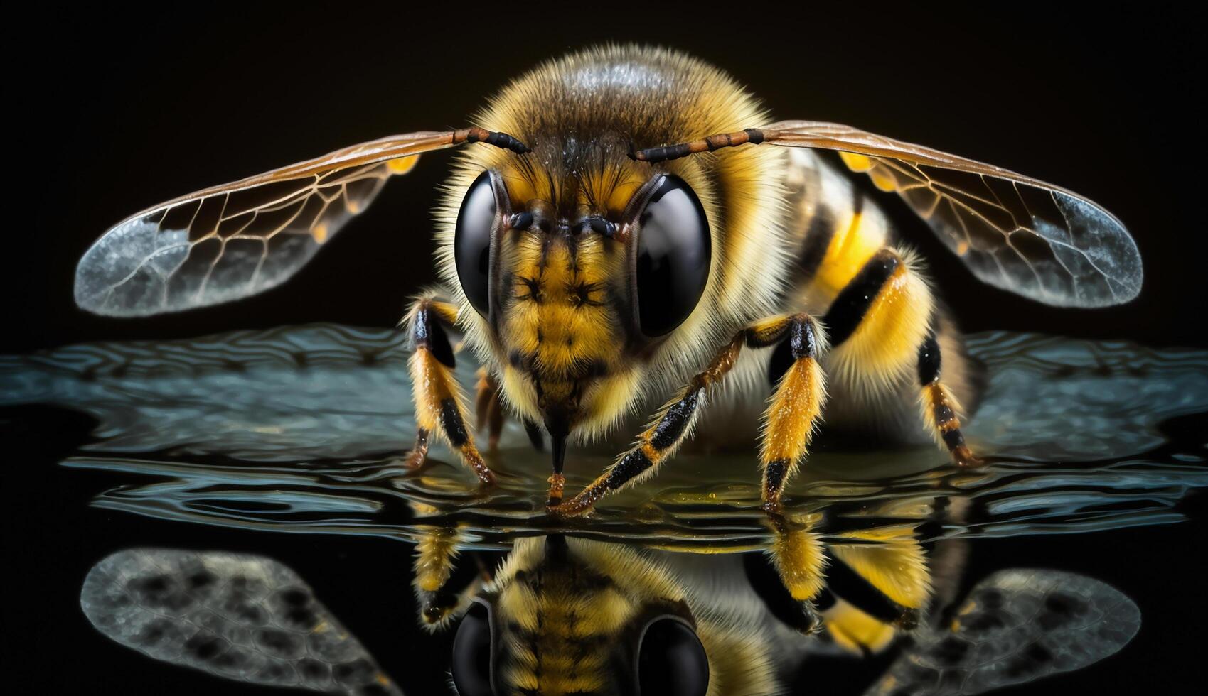 Honey Bee on dark background, Close Up Macro. photo
