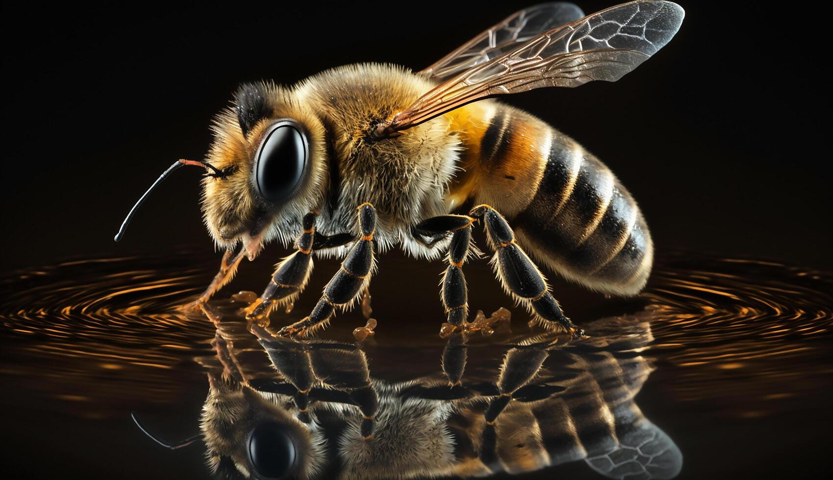 Honey Bee on dark background, Close Up Macro. photo