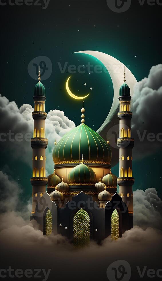 Mosque in the clouds with crescent moon. photo